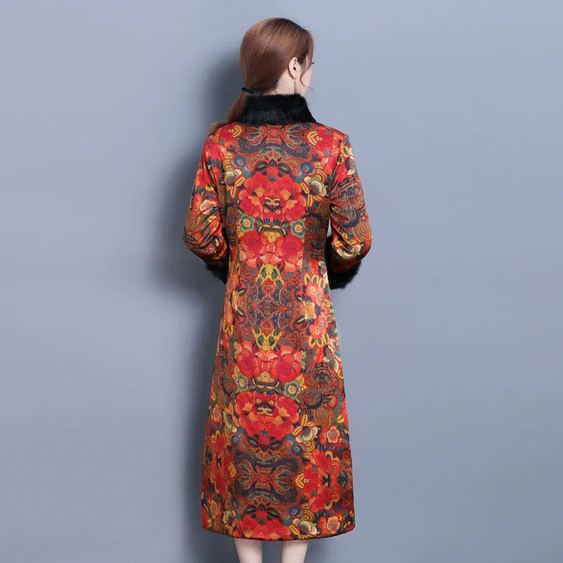 3/4 Sleeve Floral Watered Gauze Wadded Chinese Coat