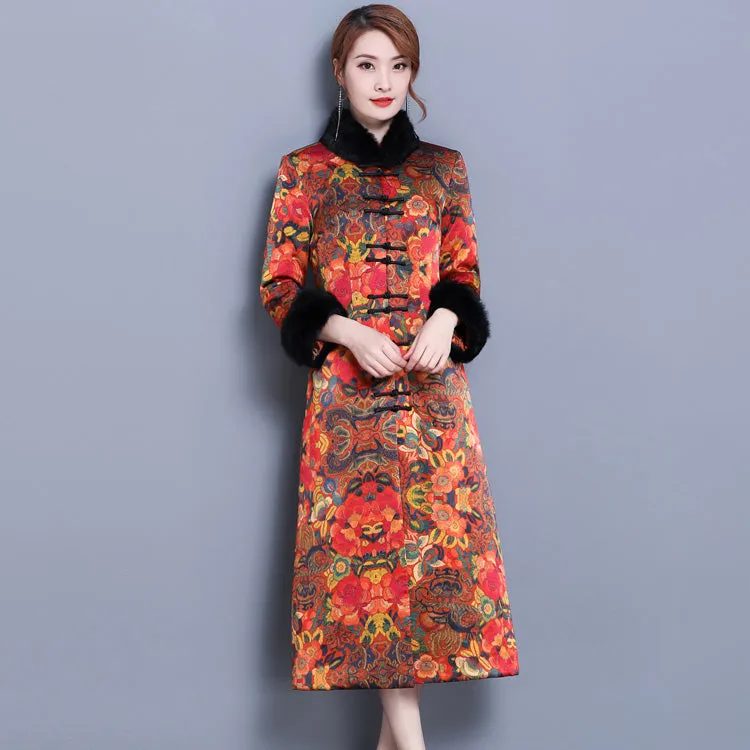 3/4 Sleeve Floral Watered Gauze Wadded Chinese Coat