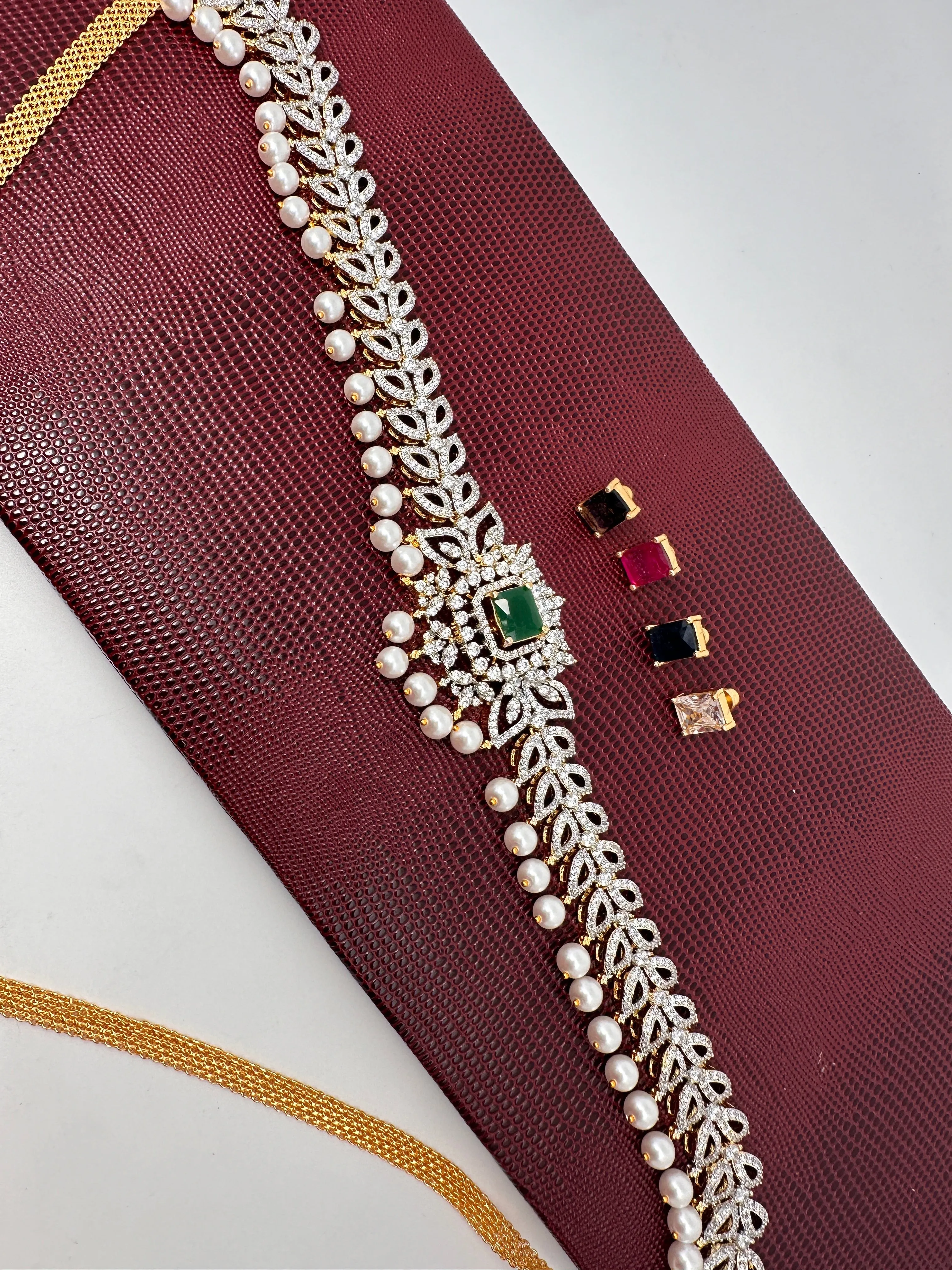 AD Sleek Changeable Color Stone Pearls Hip Chain Kamarbandh
