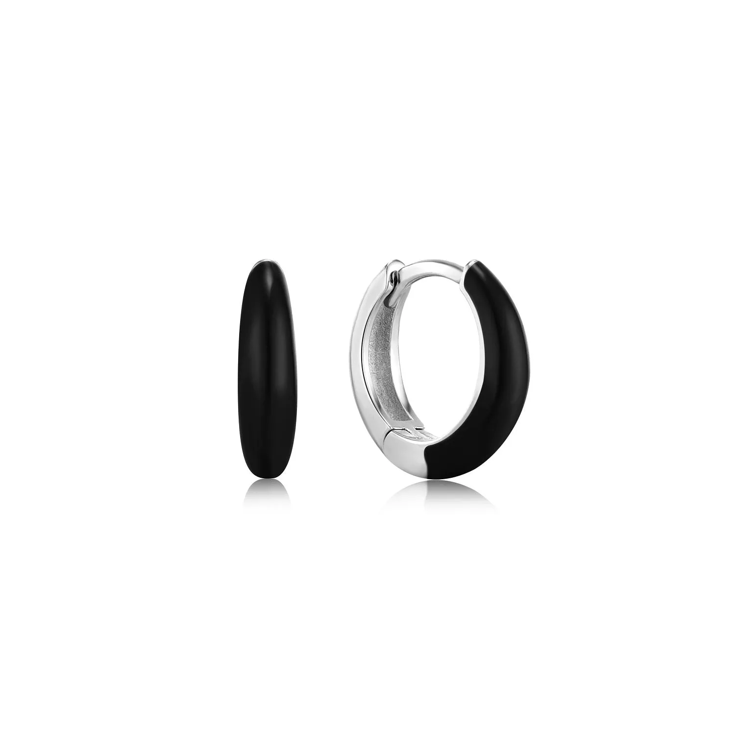Ania Haie Raven Black Enamel Silver Sleek Huggie Hoop Earrings