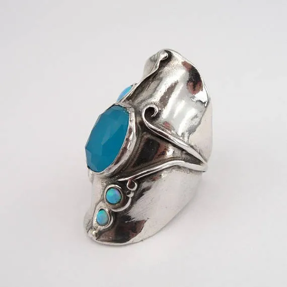 Blue Opal Ring, Long 925 Silver Opal Ocean Quartz Ring, Blue Stone Ring, Birthday Gift, Opal Jewelry, October Birthstone