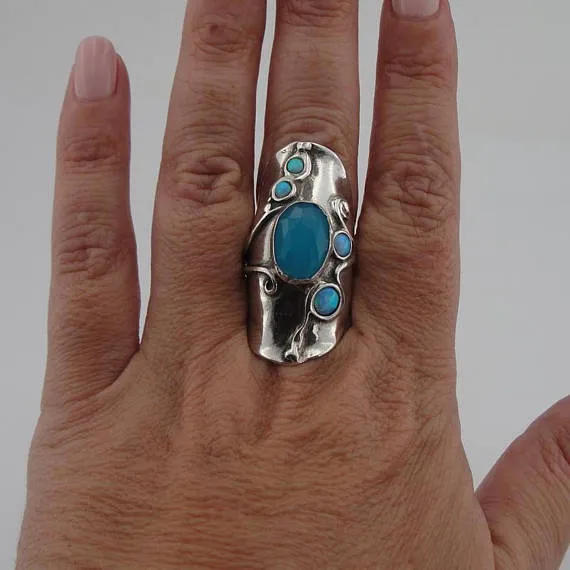 Blue Opal Ring, Long 925 Silver Opal Ocean Quartz Ring, Blue Stone Ring, Birthday Gift, Opal Jewelry, October Birthstone