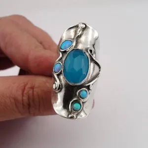 Blue Opal Ring, Long 925 Silver Opal Ocean Quartz Ring, Blue Stone Ring, Birthday Gift, Opal Jewelry, October Birthstone