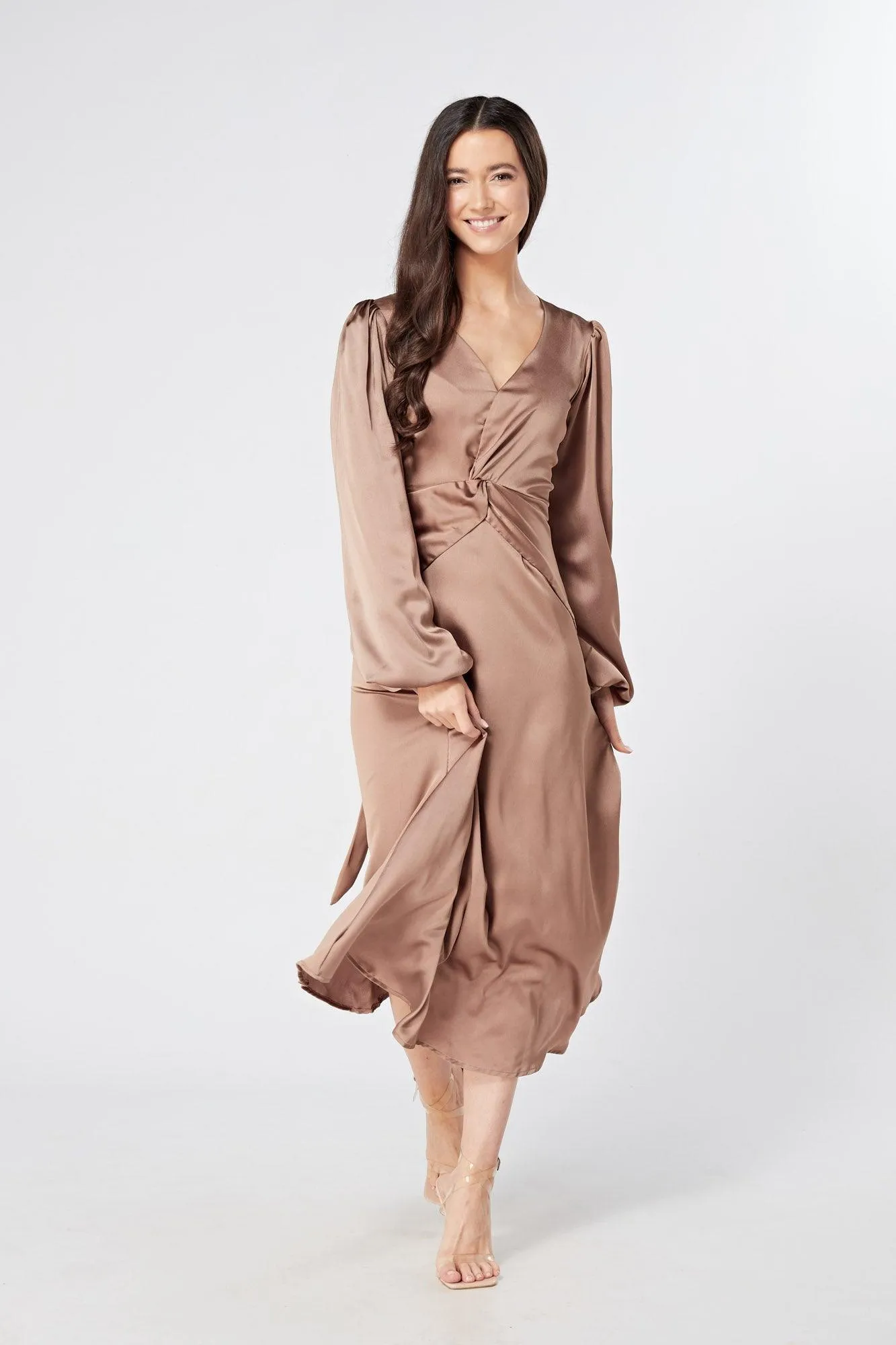 Calissa Brown Satin-feel Folded Body Midaxi Dress