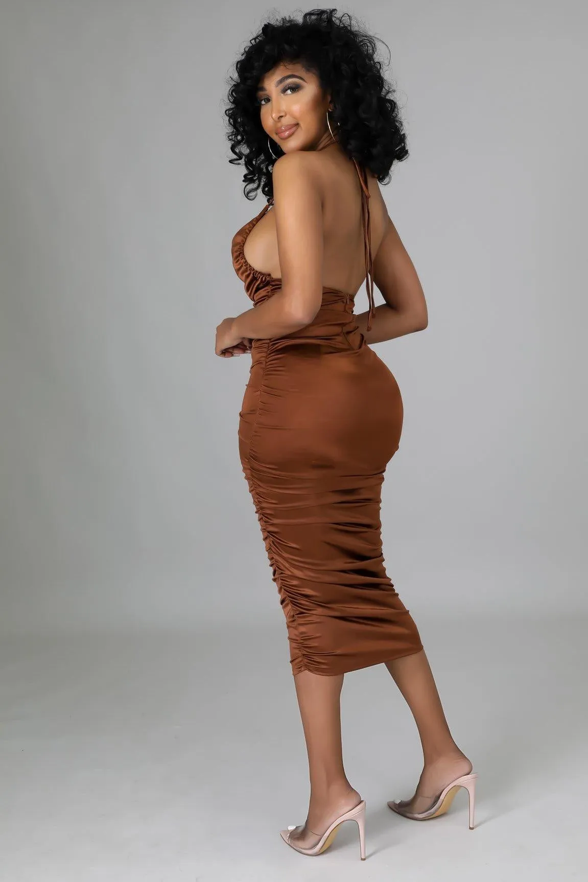 Cognac Ruched Midi Dress