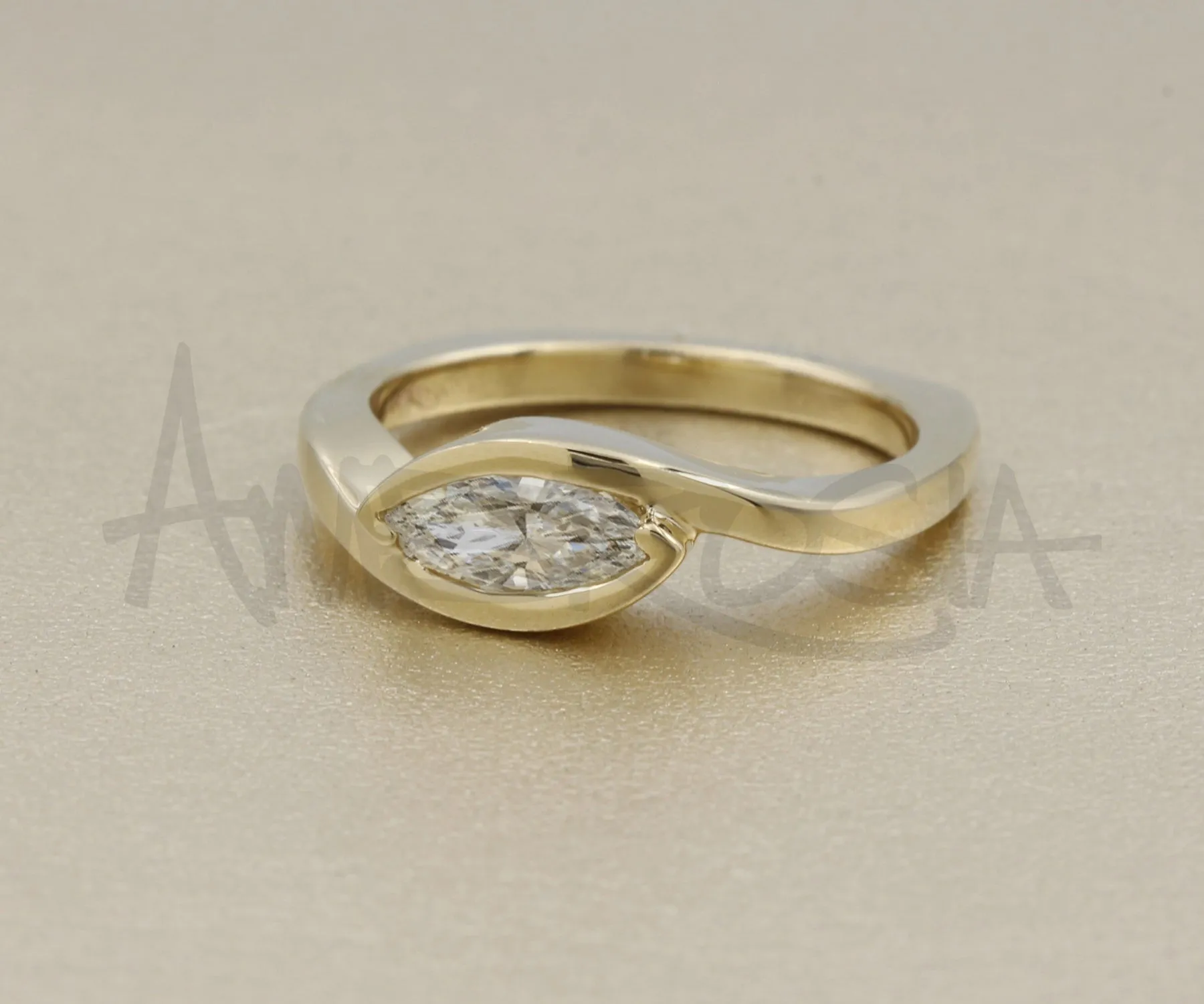 Contemporary Bypass Marquise Sleek Diamond Gold Ring
