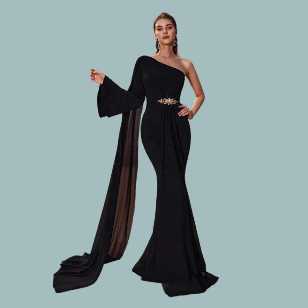 Elegant Women Evening Graceful One Shoulder Chiffon Super Long Sleeve Applique Fishtail Dress