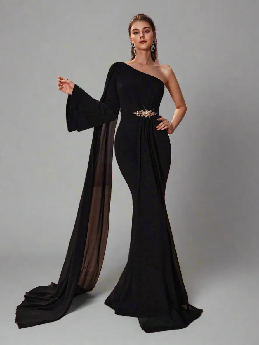 Elegant Women Evening Graceful One Shoulder Chiffon Super Long Sleeve Applique Fishtail Dress