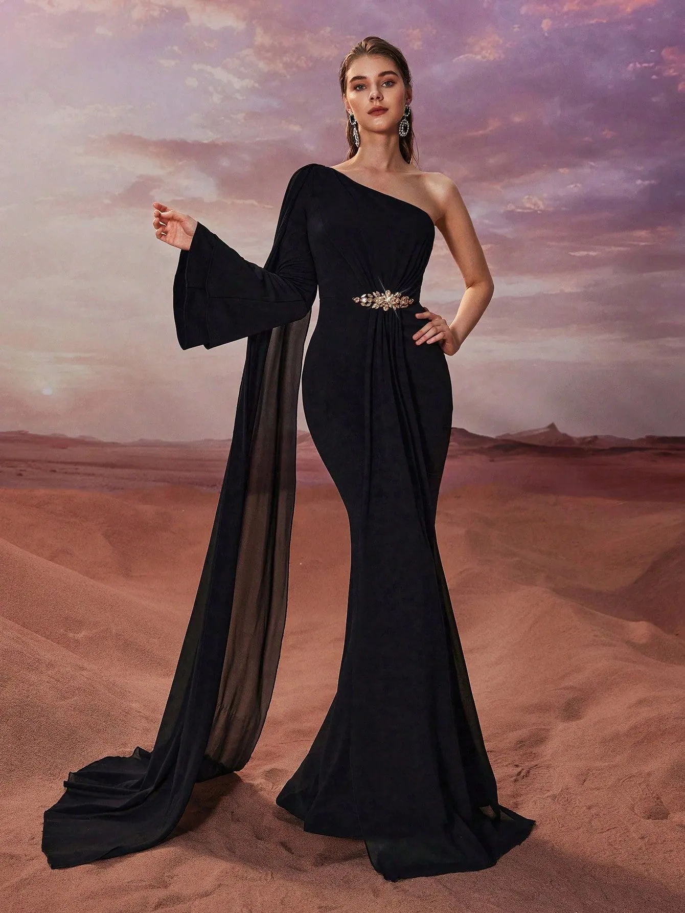 Elegant Women Evening Graceful One Shoulder Chiffon Super Long Sleeve Applique Fishtail Dress