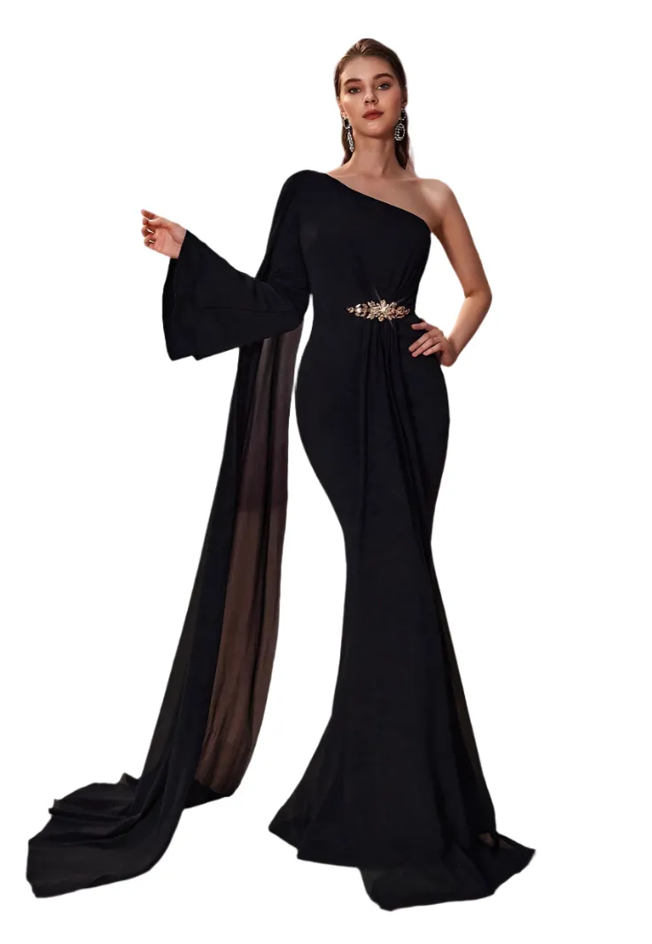 Elegant Women Evening Graceful One Shoulder Chiffon Super Long Sleeve Applique Fishtail Dress