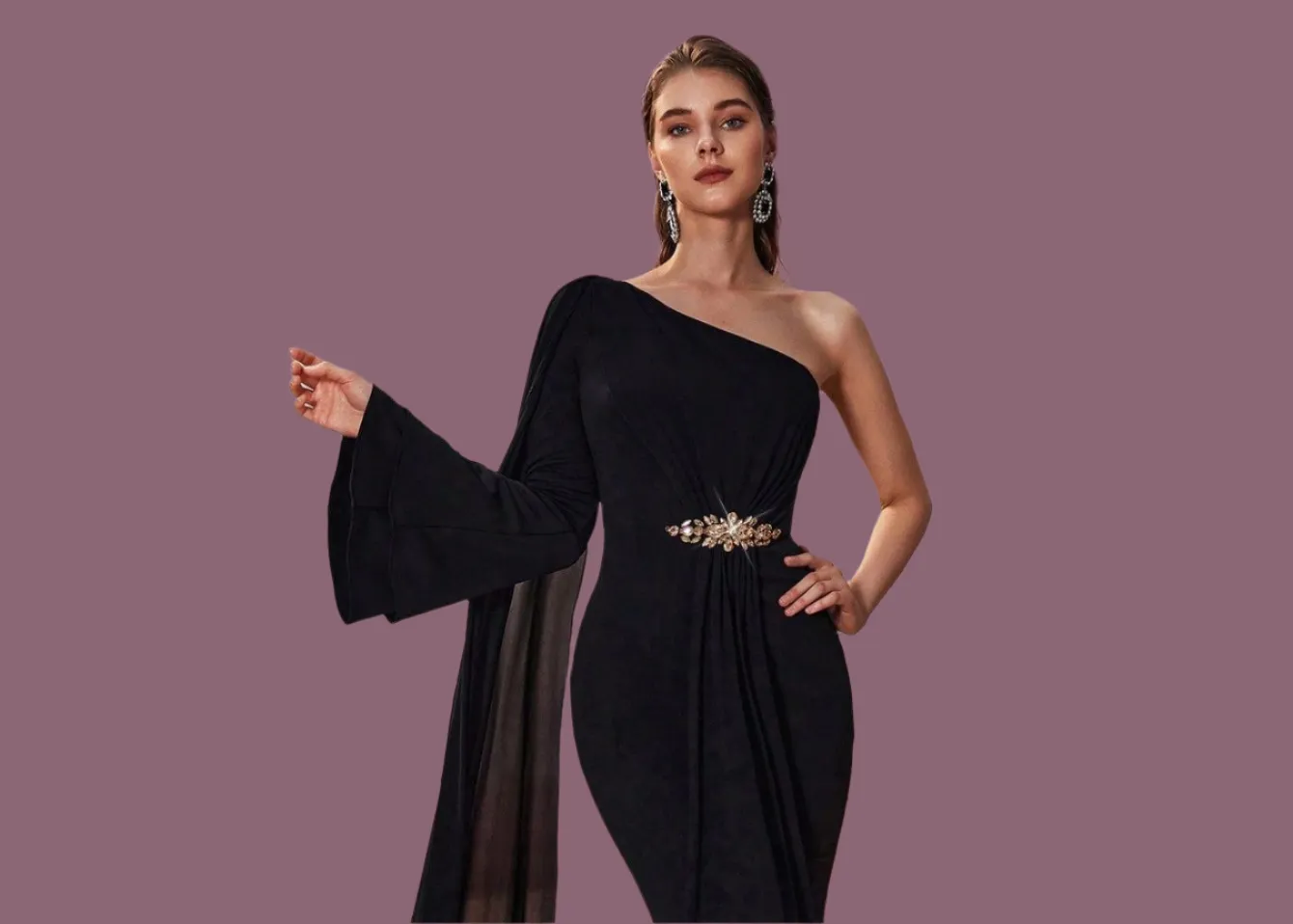 Elegant Women Evening Graceful One Shoulder Chiffon Super Long Sleeve Applique Fishtail Dress