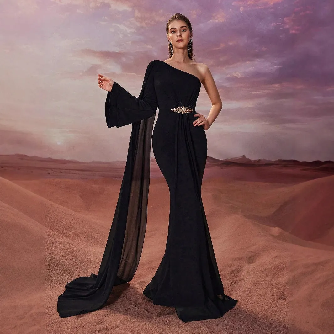Elegant Women Evening Graceful One Shoulder Chiffon Super Long Sleeve Applique Fishtail Dress