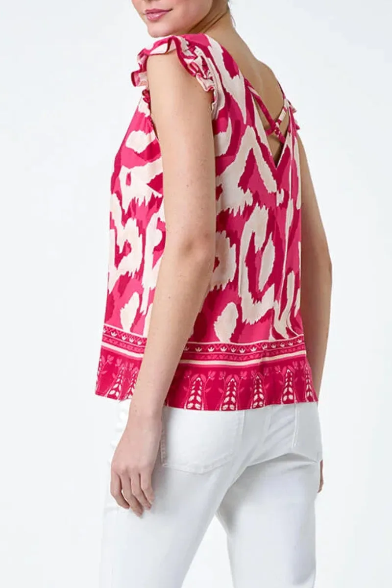 Famous Store Pink Abstract Border Print Frill Sleeve Vest