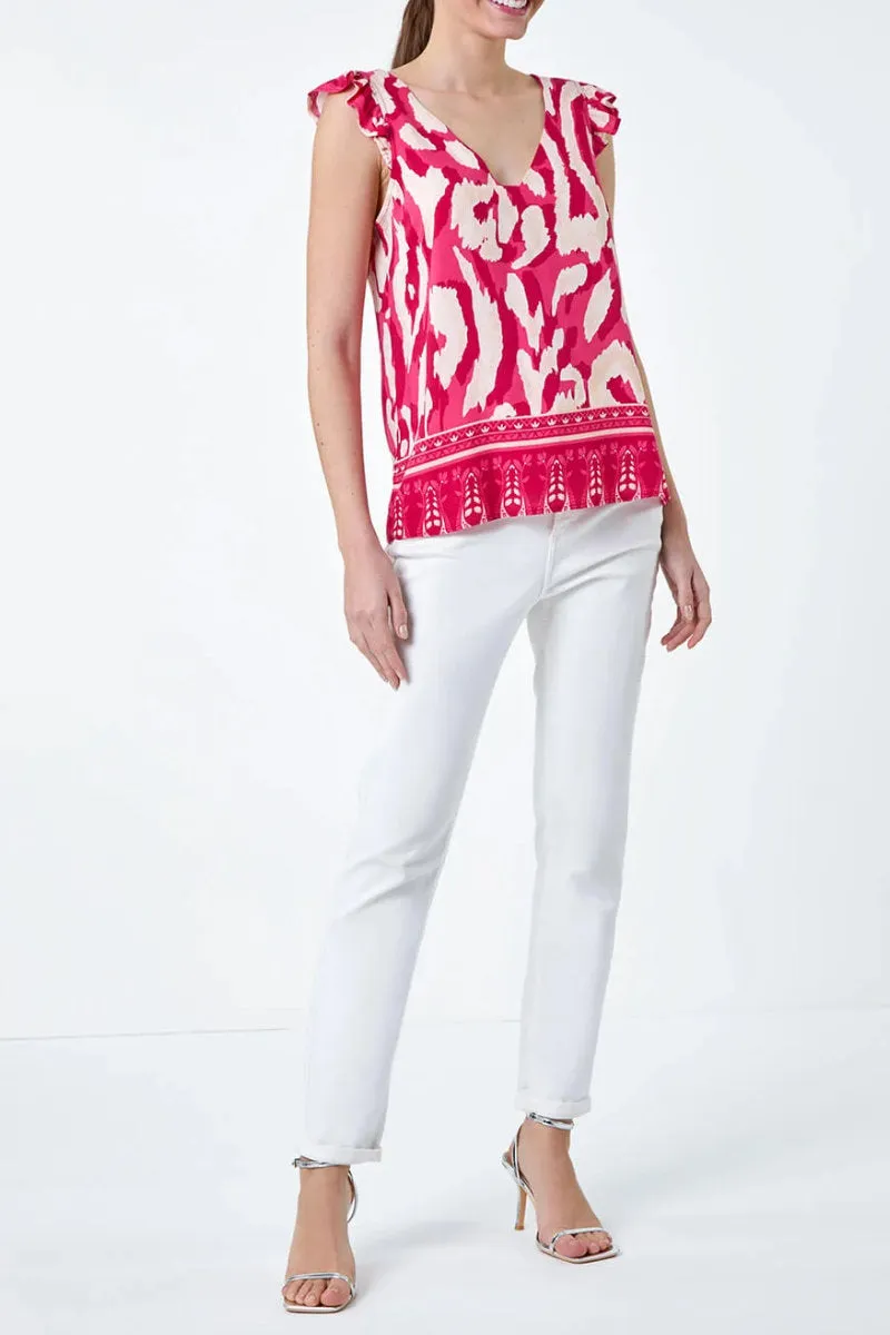 Famous Store Pink Abstract Border Print Frill Sleeve Vest