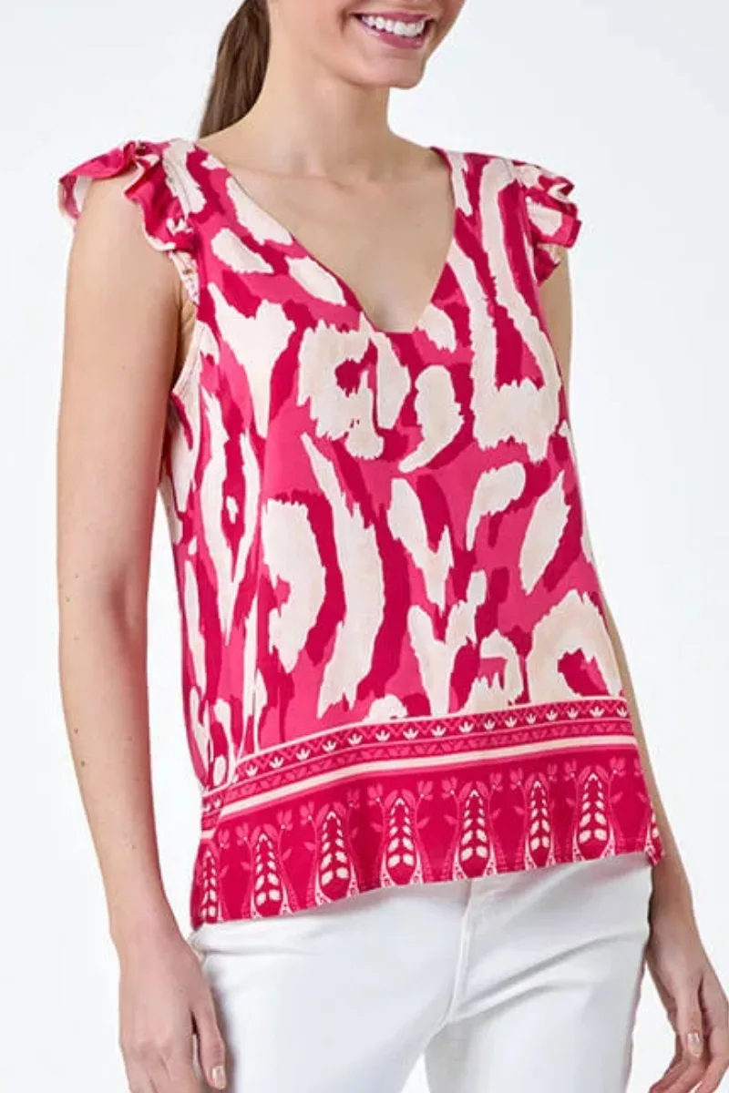 Famous Store Pink Abstract Border Print Frill Sleeve Vest