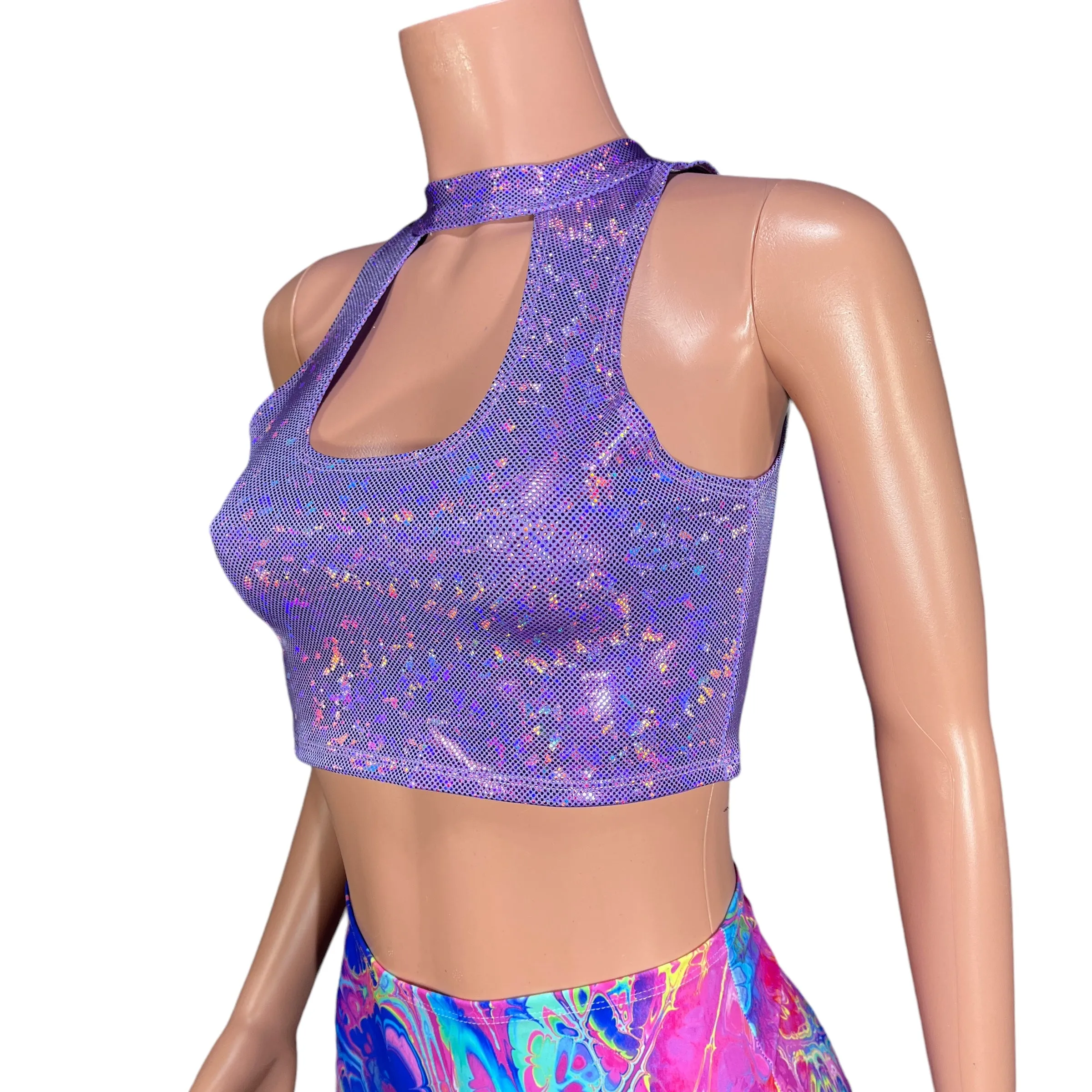 Lavender Shattered Glass Holographic High Neck Unisex Men/Women Cutout Top Shirt