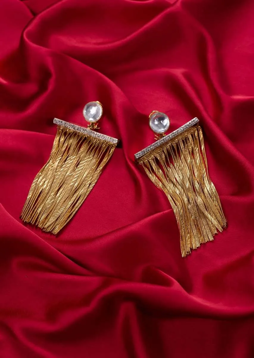 Long drop sleek gold chain tassel earring only on Kalki
