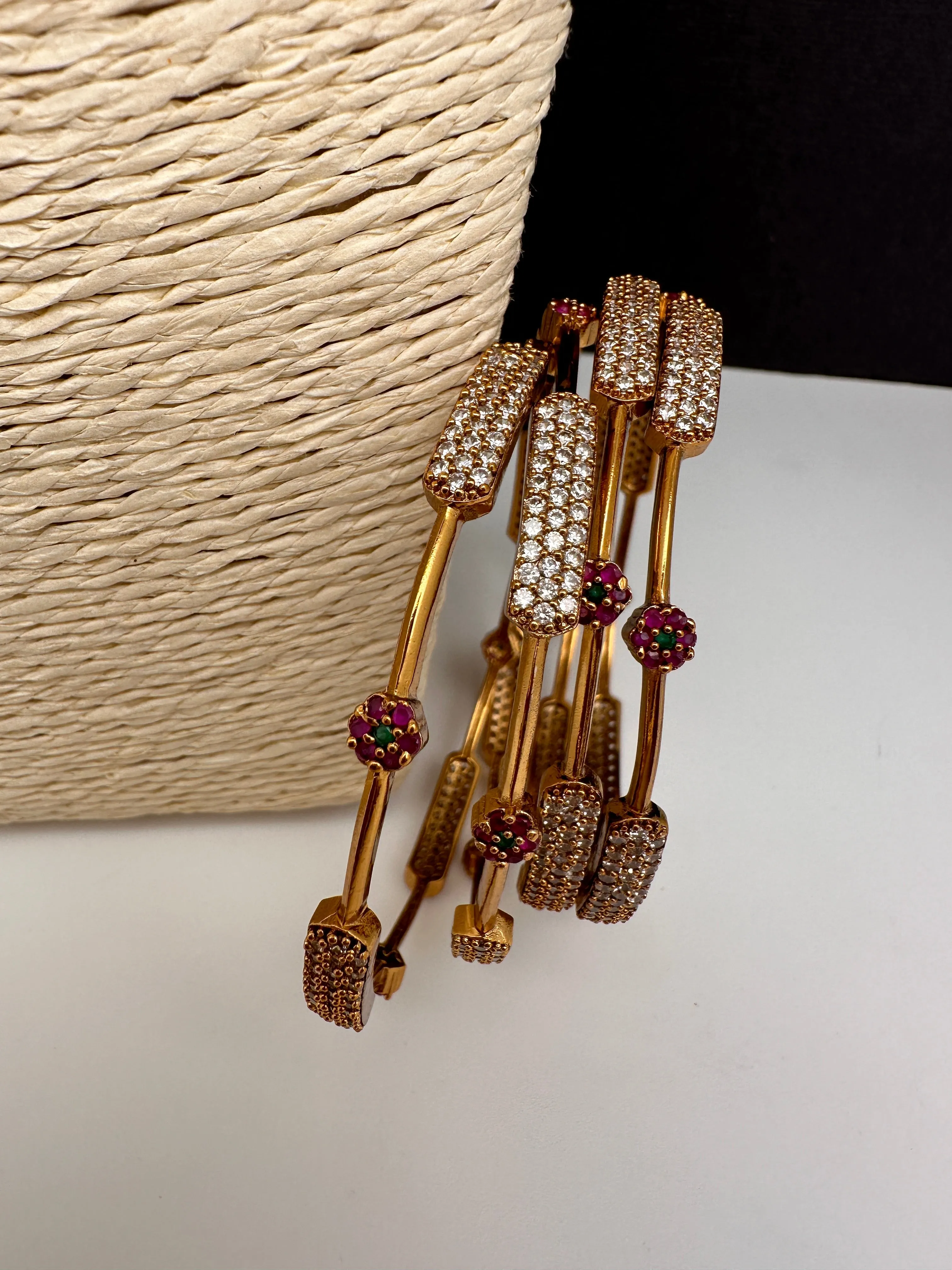 Matte Sleek CZ Floral Bangles-Set of 4