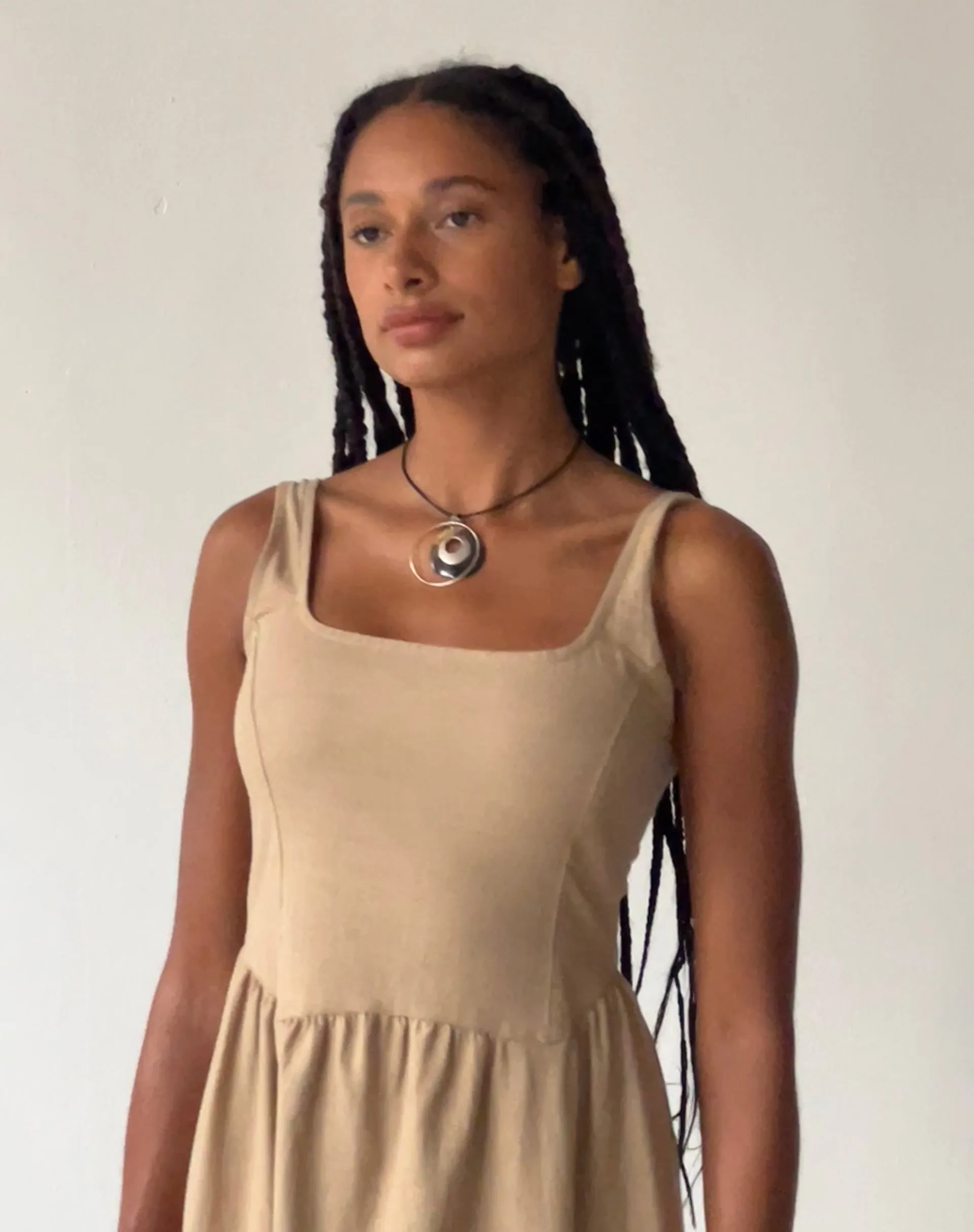 MOTEL X JACQUIE Pelove Drop Waist Midi Dress in Light Taupe