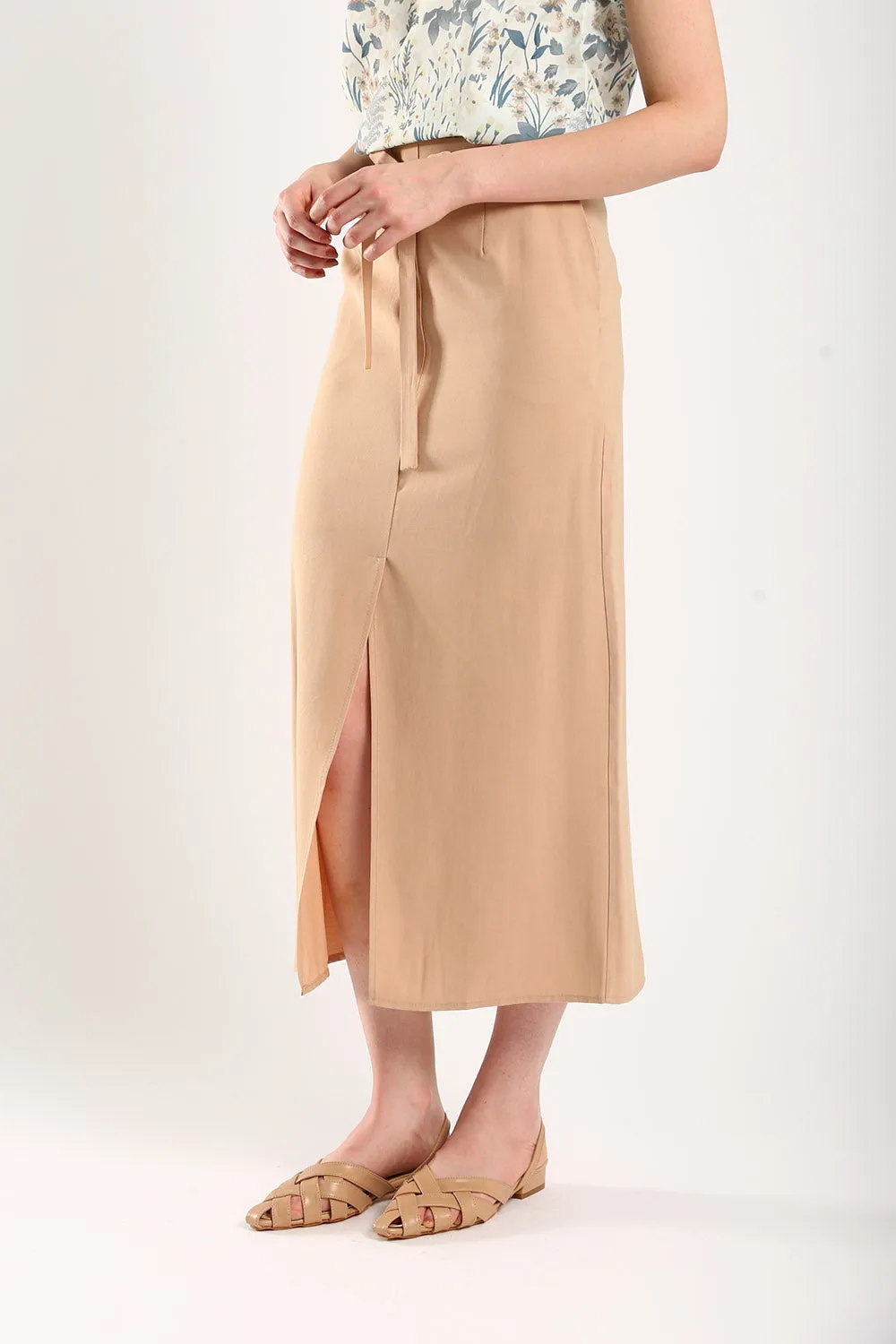 Riley Linen Midi Skirt with Sash Tie in Apricot