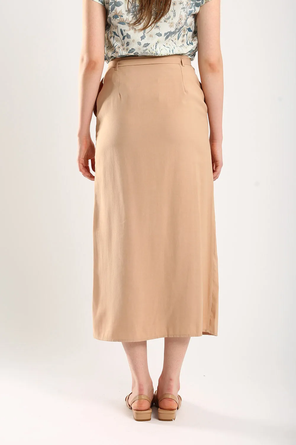 Riley Linen Midi Skirt with Sash Tie in Apricot