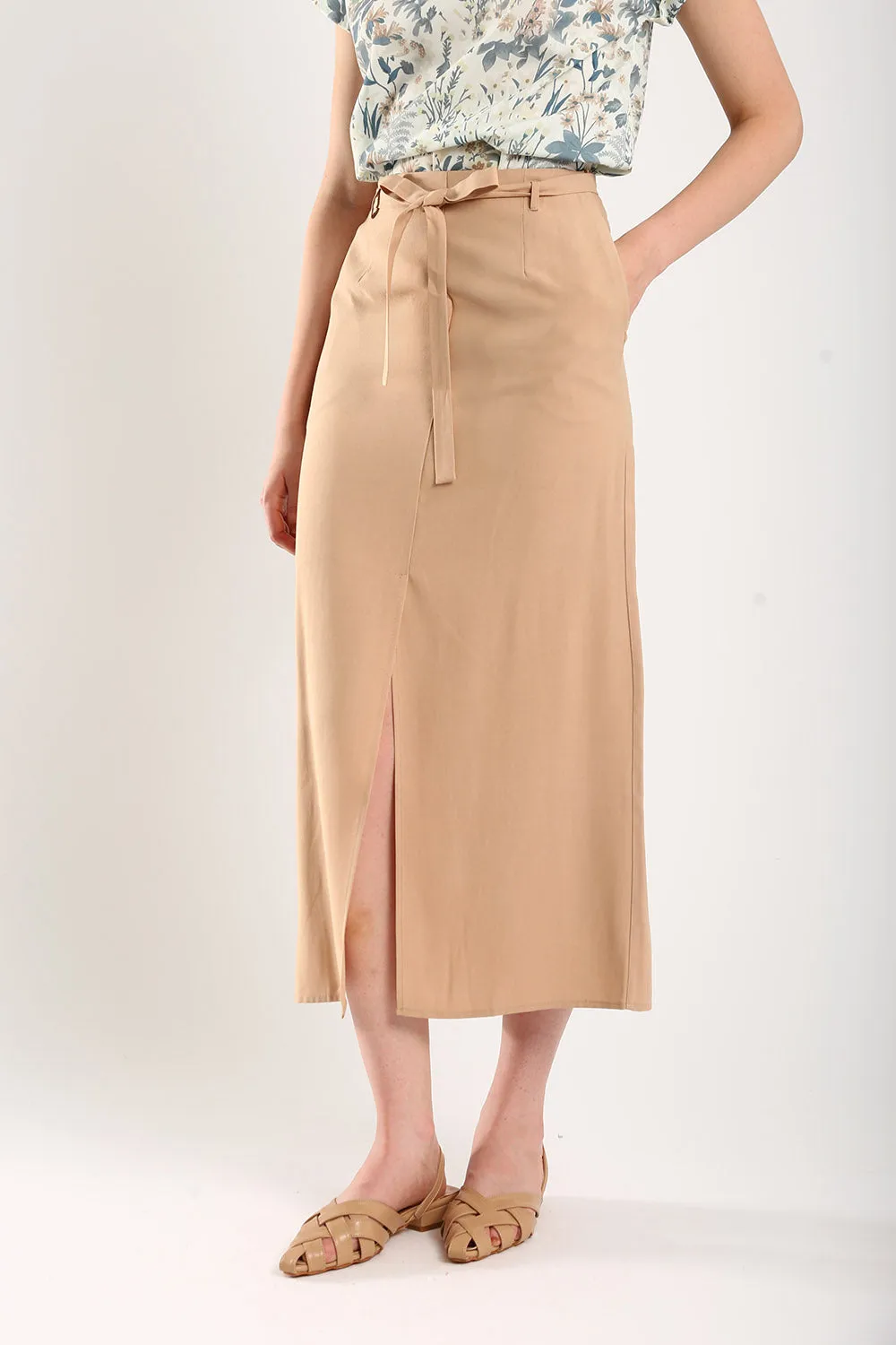 Riley Linen Midi Skirt with Sash Tie in Apricot