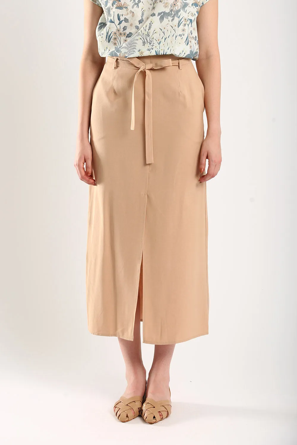 Riley Linen Midi Skirt with Sash Tie in Apricot