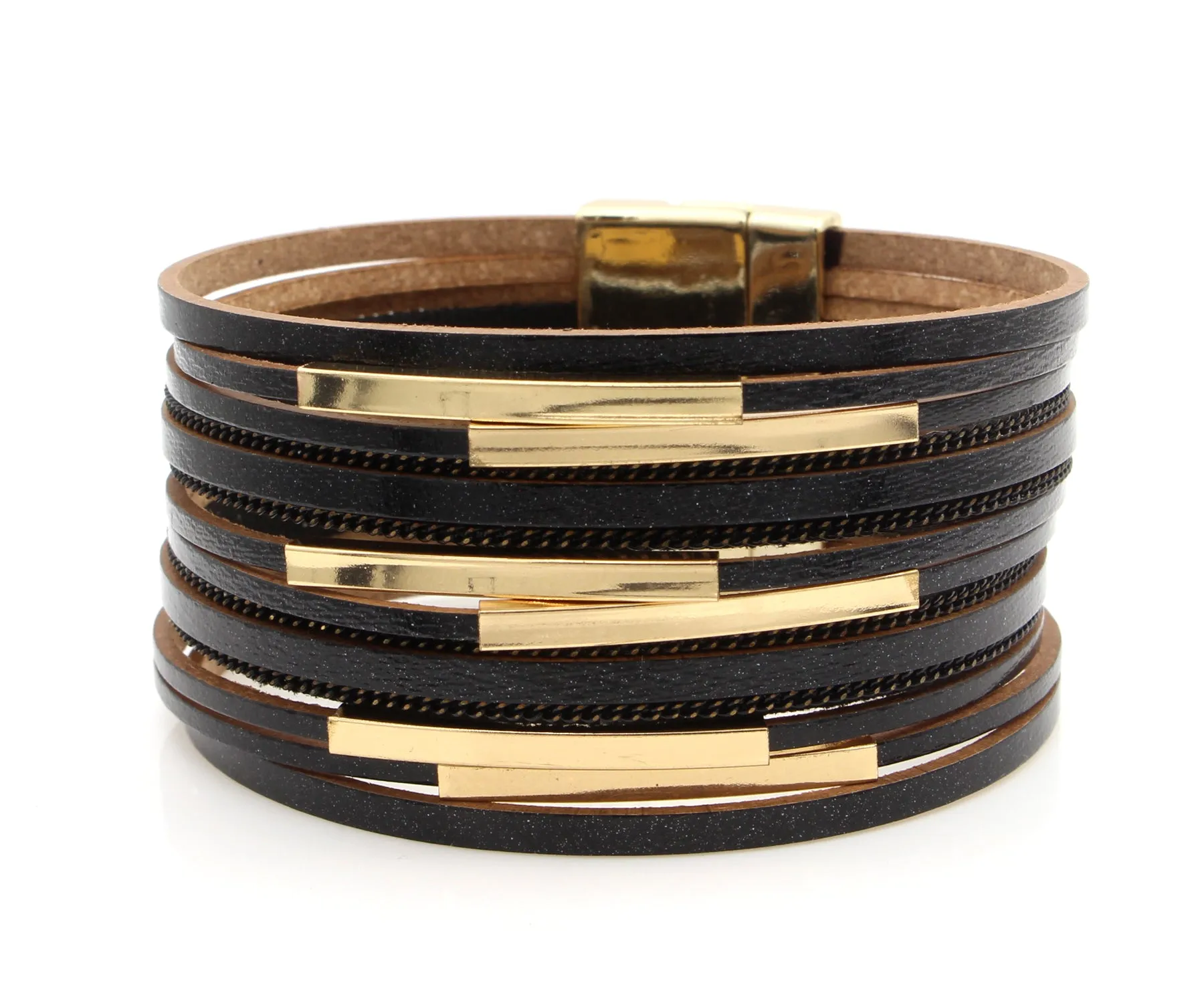 Sleek Gold Bar Black Leather Bracelet