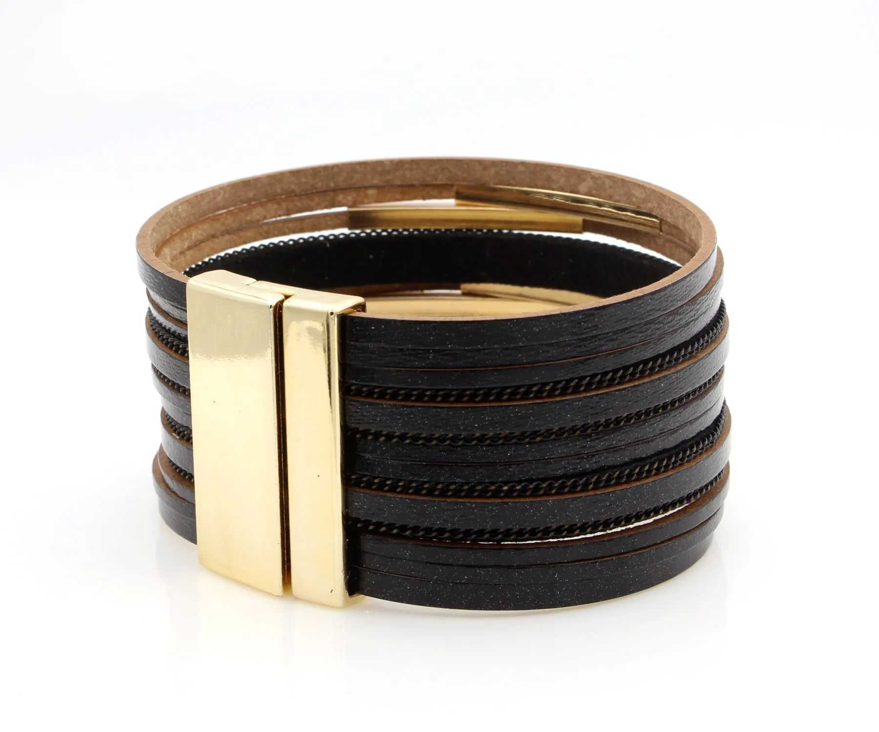 Sleek Gold Bar Black Leather Bracelet