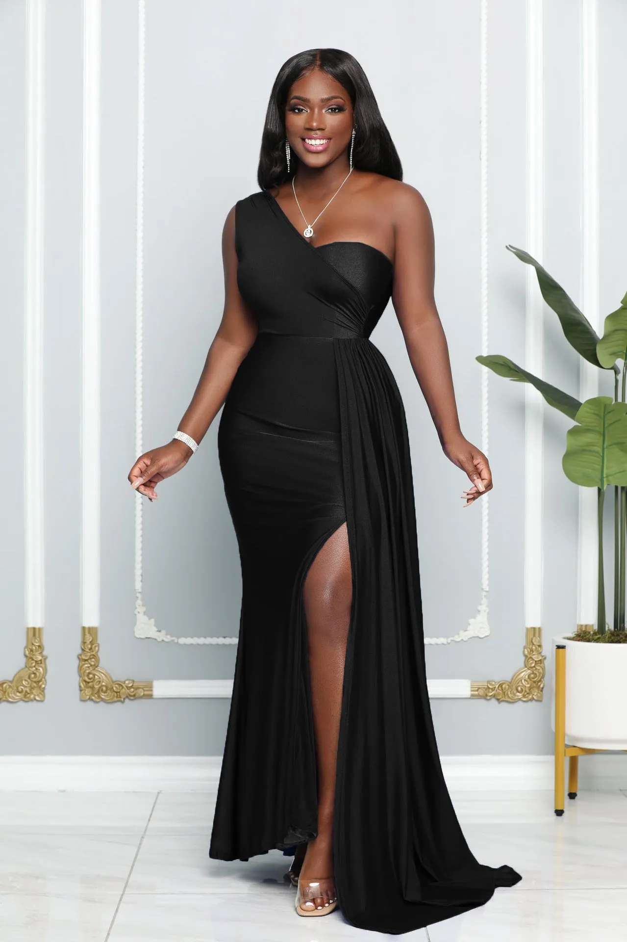 Sleeveless One Shoulder Sexy Tight High Waist Slit Elegant Evening Dress